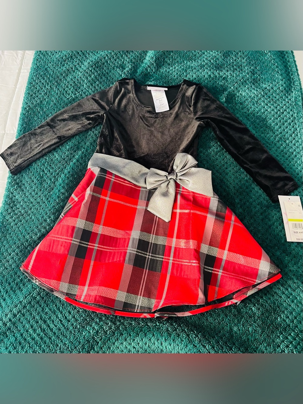 Bonnie Jean Black Top Red Plaid Skirt Holiday Dress with Silver Bow